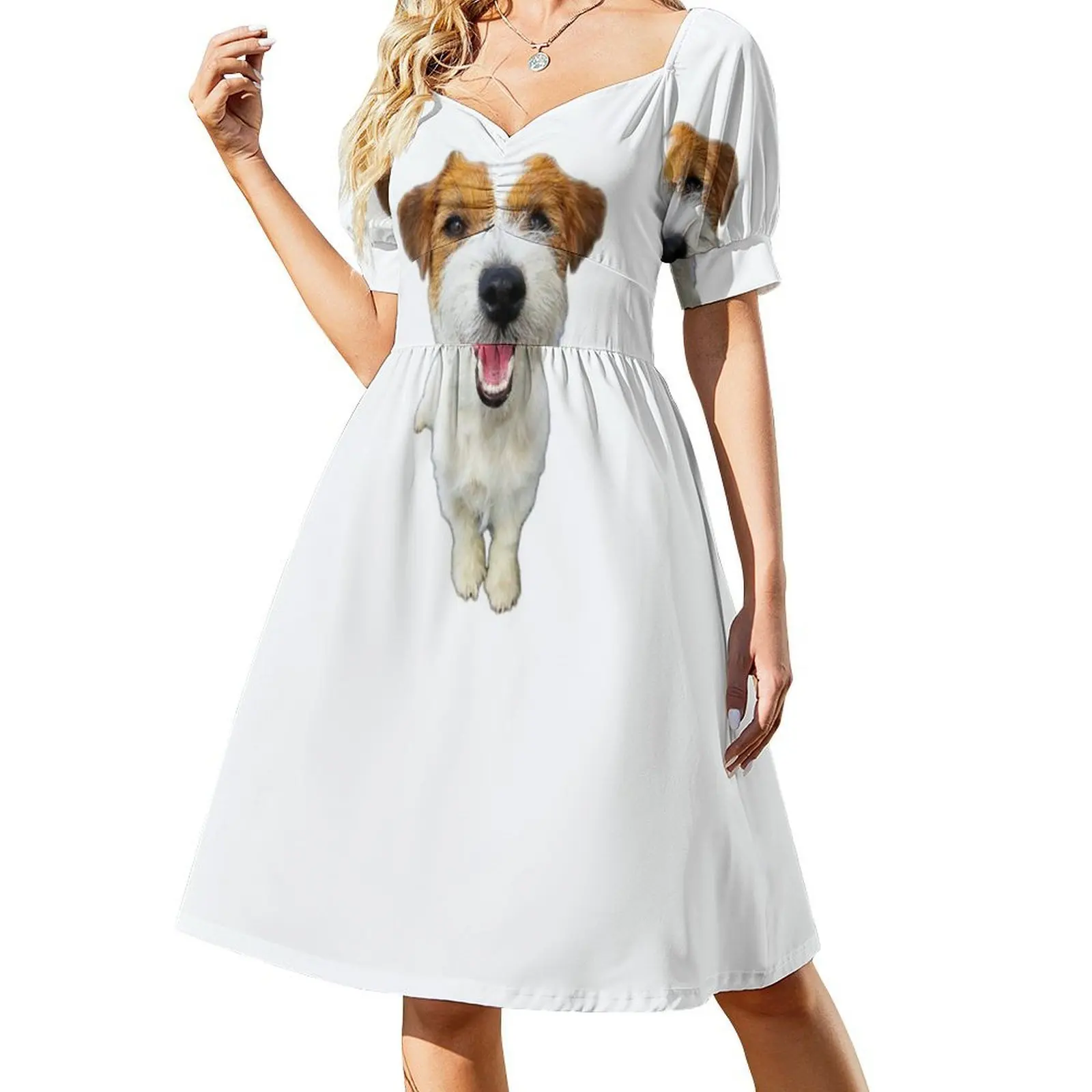 Jack Russell Terrier Gaun Pesta Elegan Wanita Motif Anjing Lucu Gaun A-Line Dengan Pilihan Pendek/Panjang/Tanpa Lengan Jack