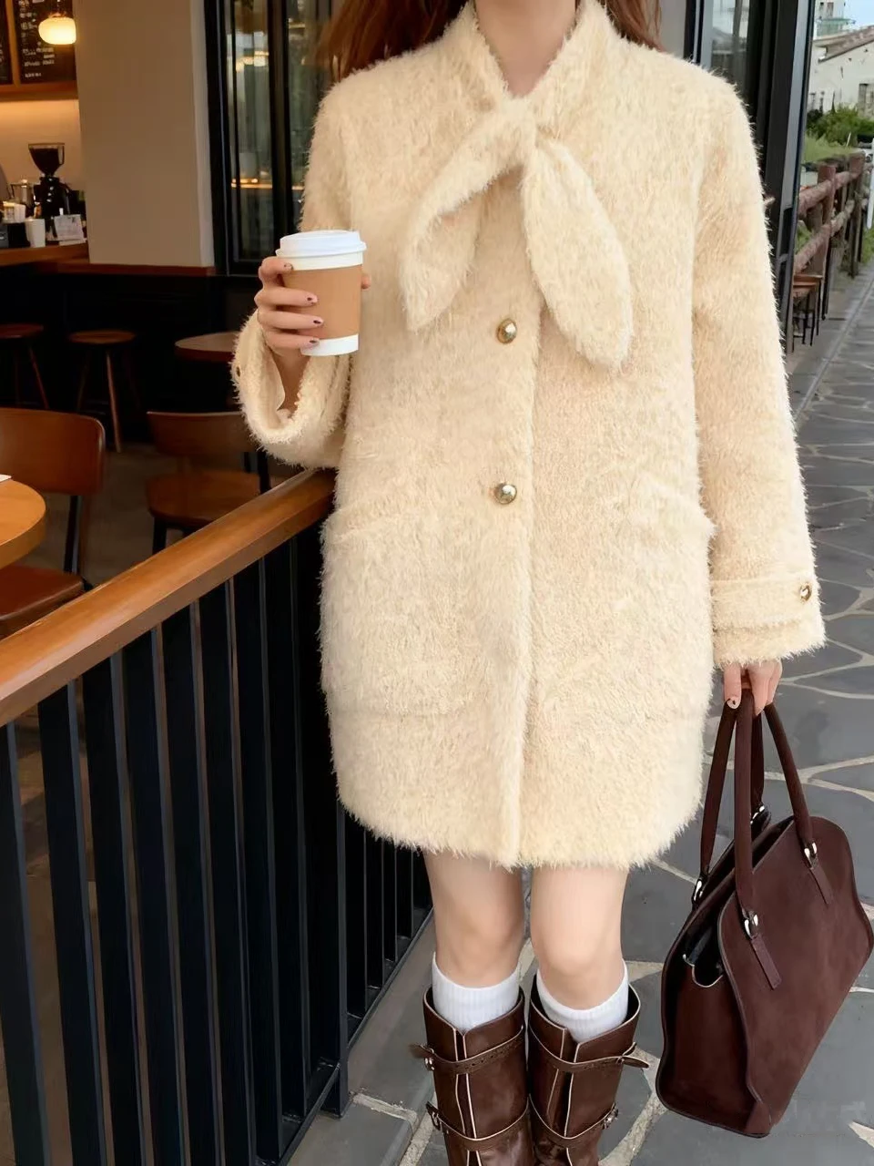 

Корейское шерстяное пальто средней длины с галстуком-бабочкой Sweet Soft Series, женское зимнее уникальное супер красивое шерстяное пальто с хлопковым наполнителем