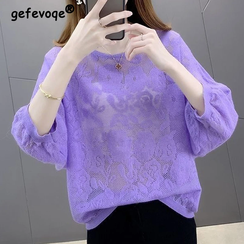 Women's Clothing Korean Fashion Sexy Hollow Solid Color Thin Knitwear Spring Summer Casual Round Neck Half Sleeve Pullover Tops