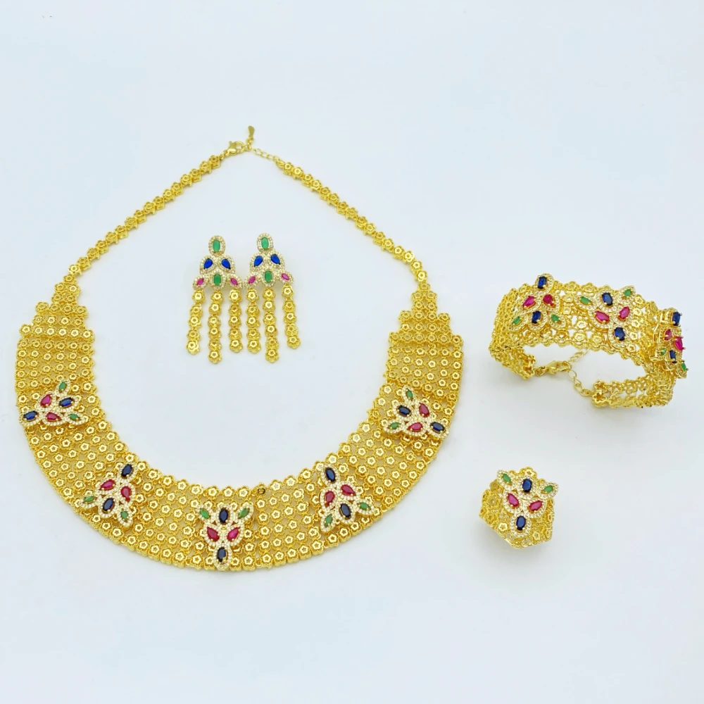 

Falair 4PCS Women's Jewelry Set Zircon Simulation Gold Plated Copper Necklace Earrings Ring Bracelet Gift Set for Holiday