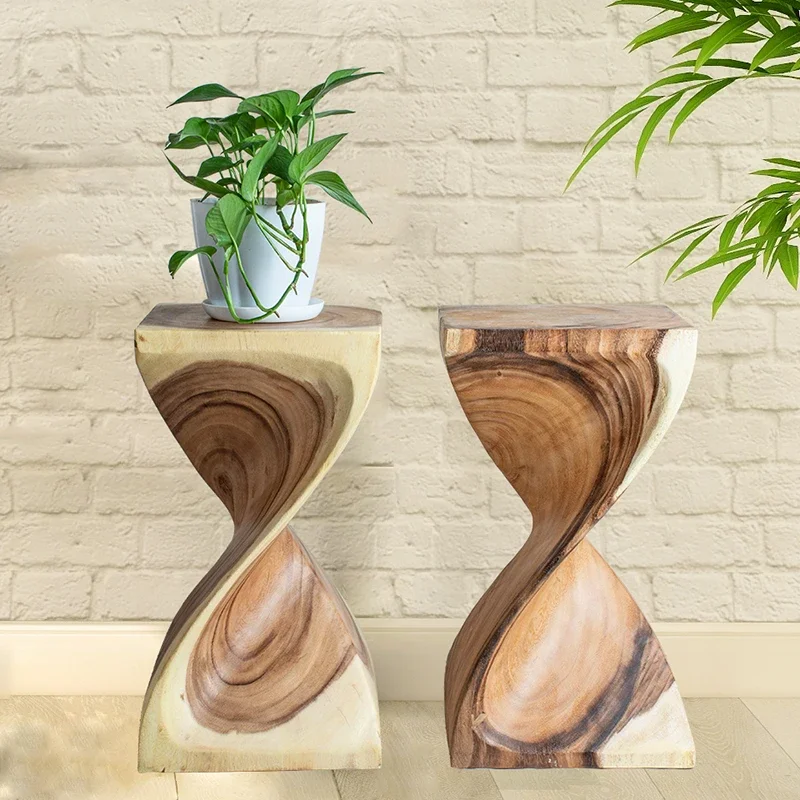 ZWooden Twisted Stool With Column Of Flowers Stand Pedestal And Side Table Solid Wood Hand-Carved Footstool With Unique ShapeZ