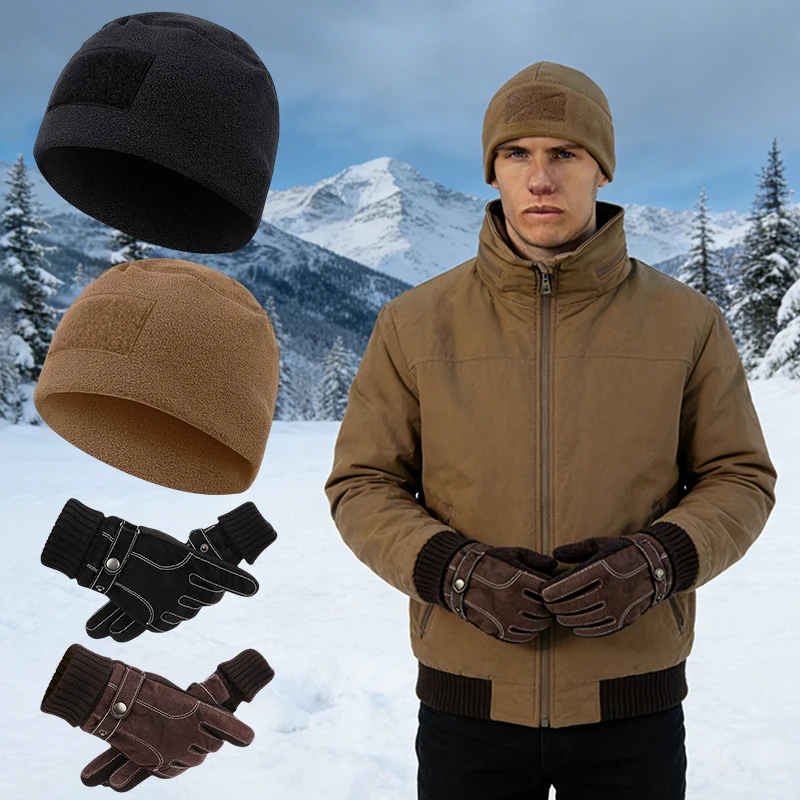 

Winter Fleece Beanie Cycling Set Men Elastic Hiking Soft Thermal Cap Glove Commuting Ski Liner Hat Windproof Camping Cap Outdoor