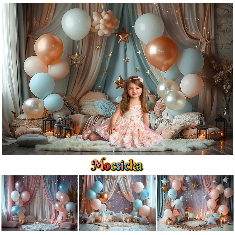 Mocsicka Photography Backgrounds Indoor Balloon Tassel Curtains Decor Kids Birthday Party Cake Smash Backdrop Photo Studio