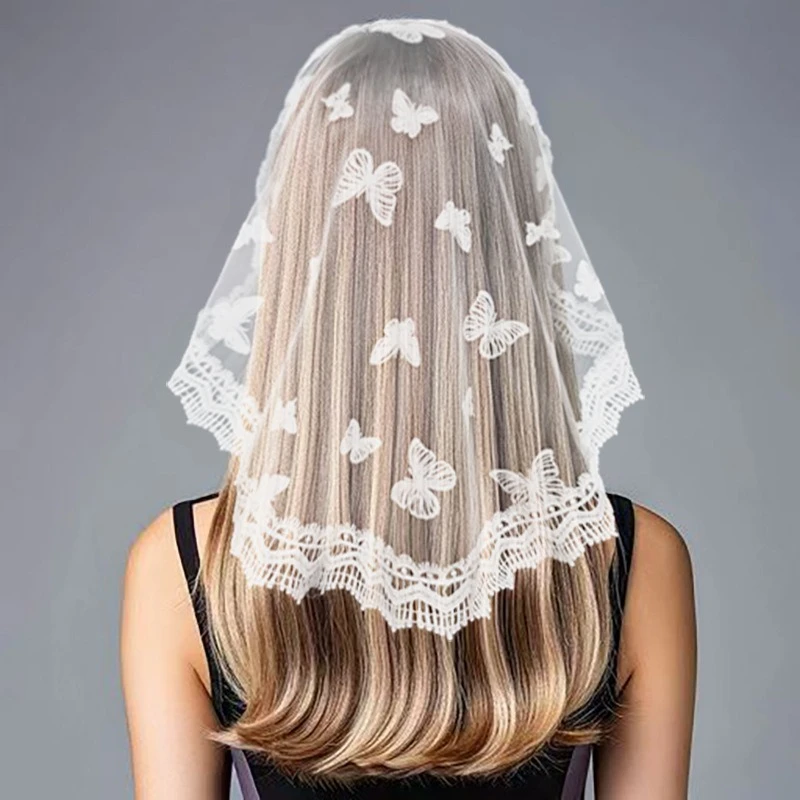 White Butterfly Embroidery Lace Triangle Veil, Vintage Decorative Headscarf for Women, Bridal Lace Head Veil