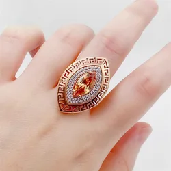 Luxury Classic 585 Purple Gold Hollow out rhombus Ring Plated 14K Rose Gold Orange Gem rings for women Wedding Jewelry