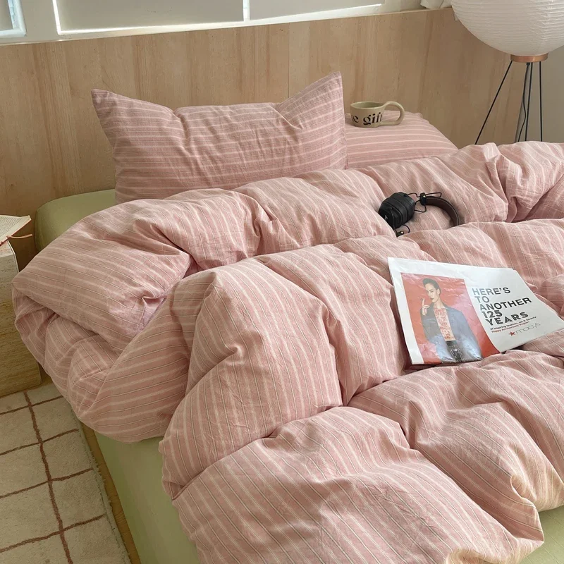 

1pc Korean Cotton Pink Stripes Duvet Cover 150x200 Size Girl's Room housse de couette Skin friendly Breathable Comforter Sets