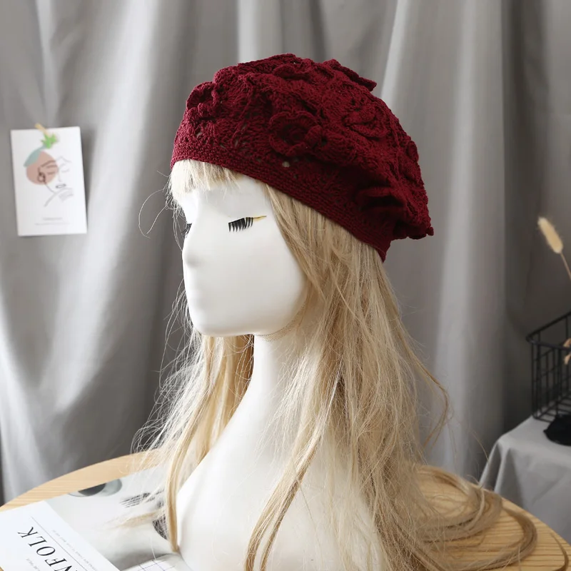 2023 Spring and Autumn New All-match Literary Hollowed Out Hook Flower Beret Elegant Retro Hand-woven Knitted Hat Female Summer