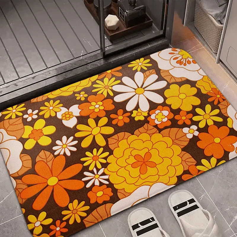 One Pc Vintage 70s Floral Doormat Machine Washable Indoor Outdoor Mat With Vibrant Orange Yellow Brown Green Red Pink