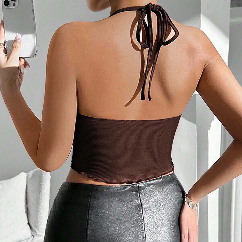 2026 autumn and winter European and American sexy style halter top new backless and beautiful short top for women