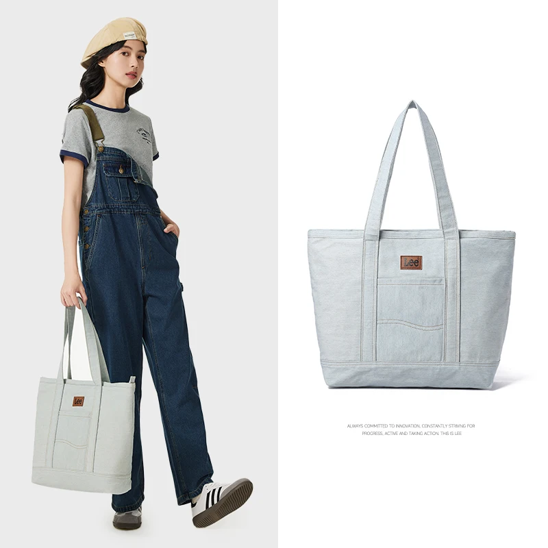 LEE Unisex Utility Canvas Leather Zipper Tote Bag Casual Denim