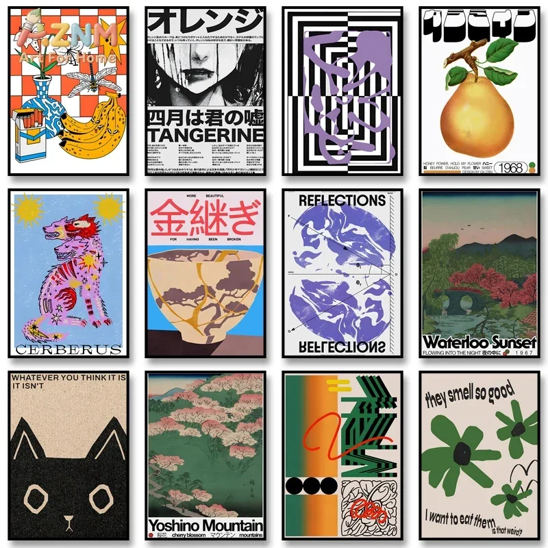 

AZNM Eclectic Japanese Style Canvas Wall Art Print, Frameless Single Panel Mixed Illustration Poster, Trendy Retro Wall Decor fo