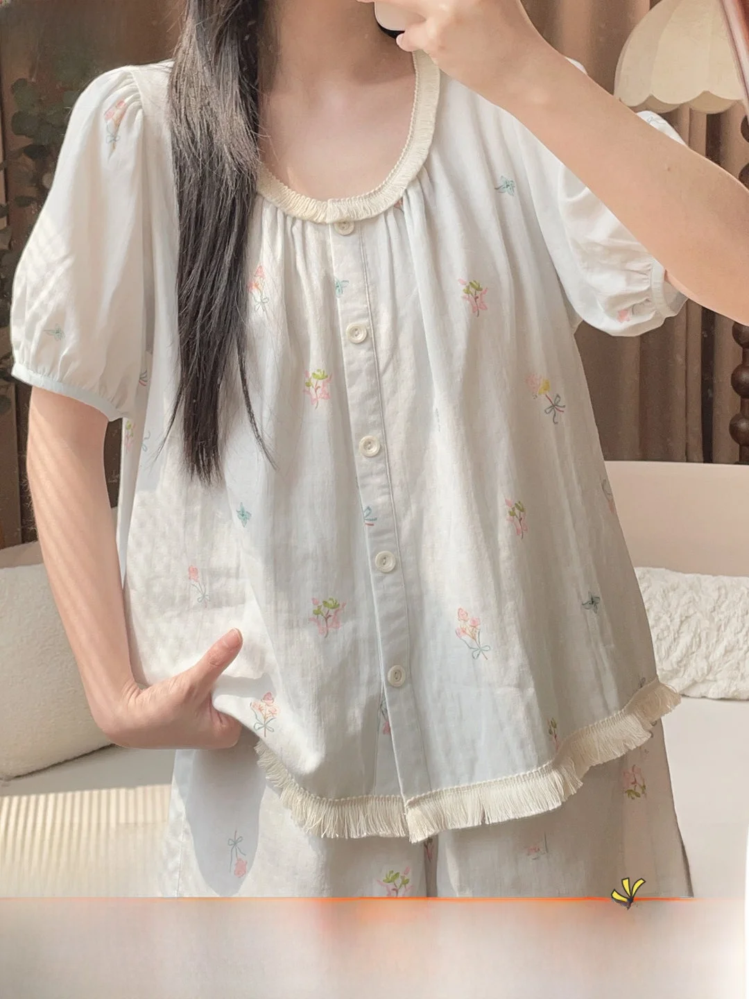 純綿夏用寝間着セット-レディース-半袖ショートパンツ-薄手-ホームウェアセット-胸パッド付き-3点セット-通気性-涼感