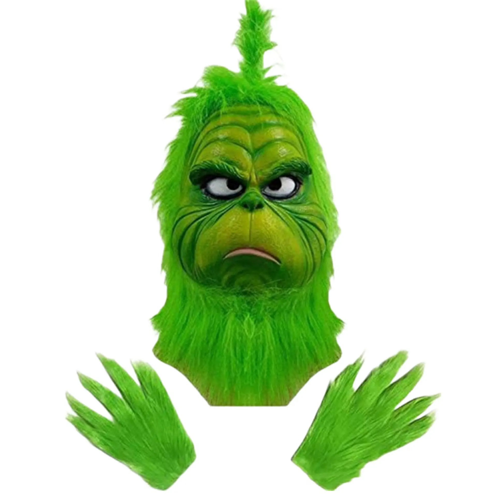 Christmas Santa Hat with Beard Green Furry Hand Gloves, Green Monster Costume Accessories for Adult Halloween Christmas Cosplay 6