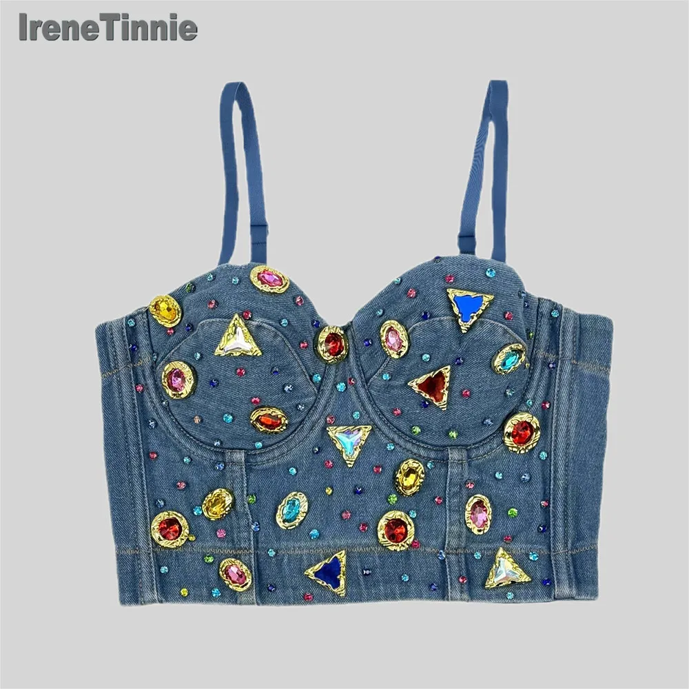 IRENE TINNIE 2024 Fashion Short Crop Top Colorful Stone Bustiers Sexy Corset Fashion Denim Tank Top Women Binder Corset Bra