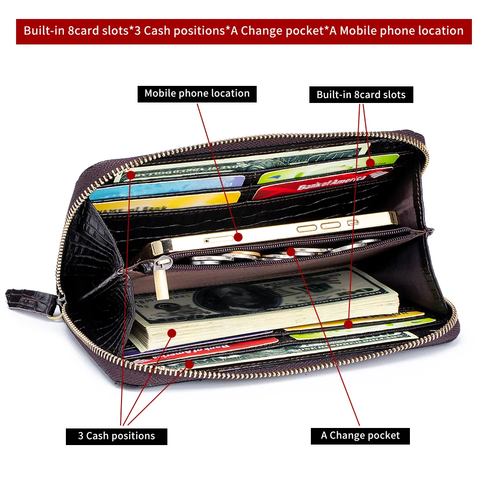 Genuine leather long crocodile patterned top layer cowhide zipper wallet, multiple card anti-theft brush wallet