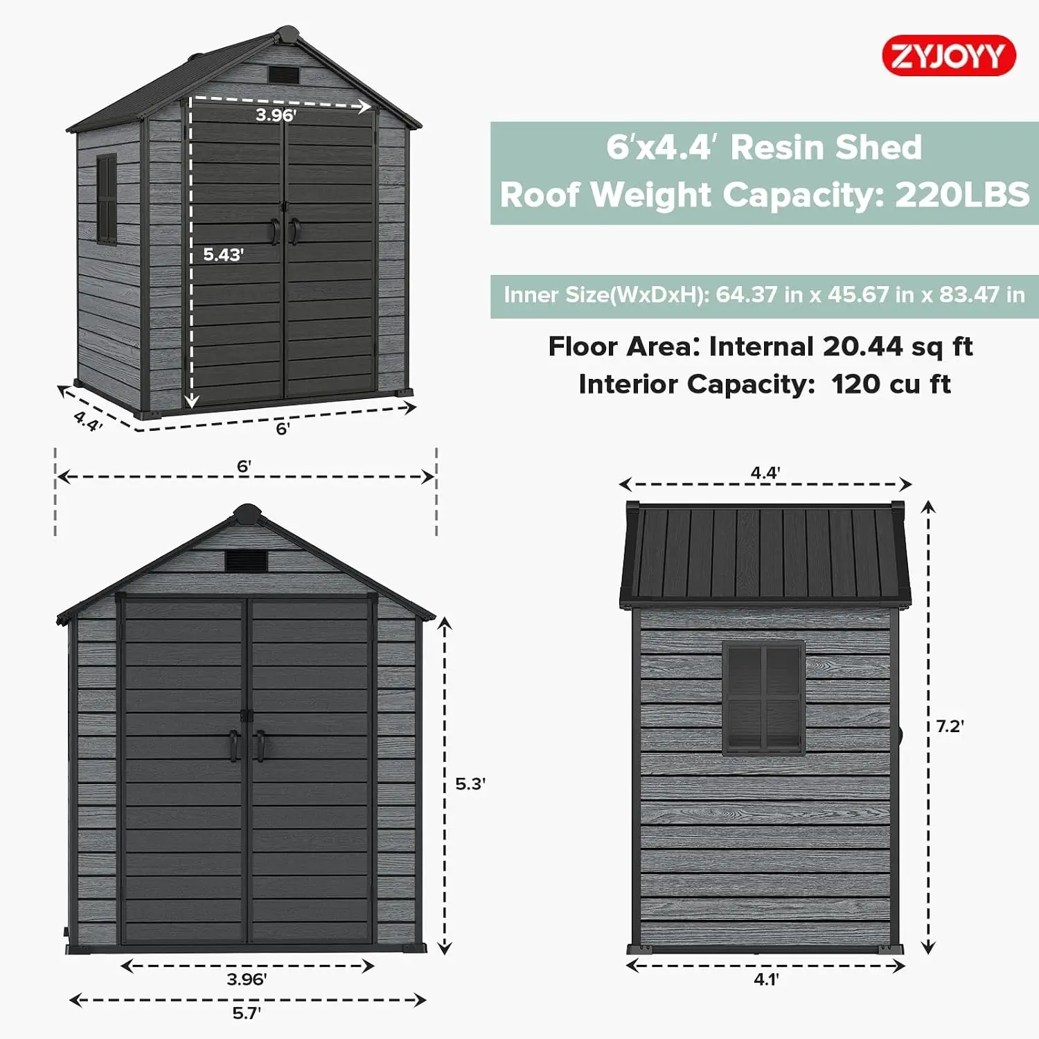 Outdoor Storage Shed 6x4.4Ft Floor 16Mm Resin Tool Shed Backyard Garden Waterproof Lockable Storage House Window Vents Patio Fur