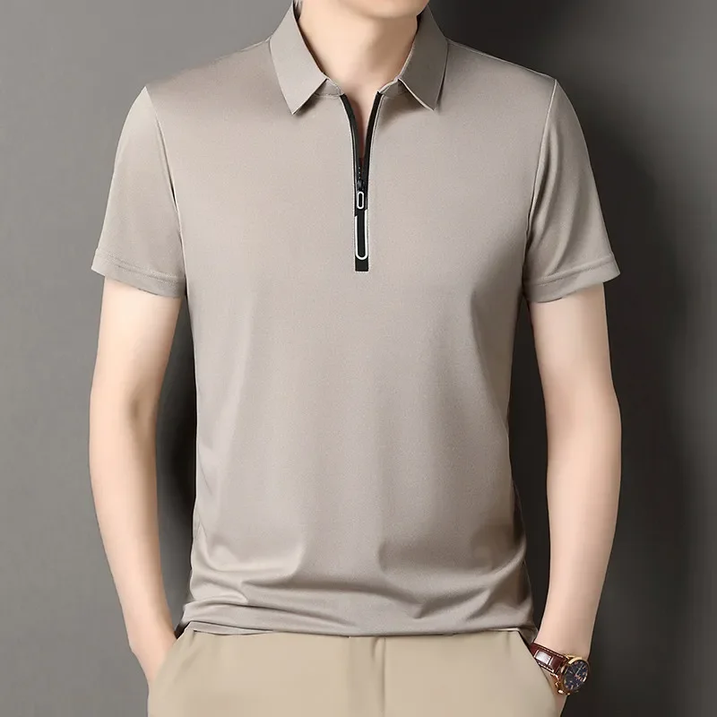 New Men's Business Casual Zipper Short Sleeve Solid Color Polo Shirt Fashionable Warm Comfortable Four Seasons Versatile Top