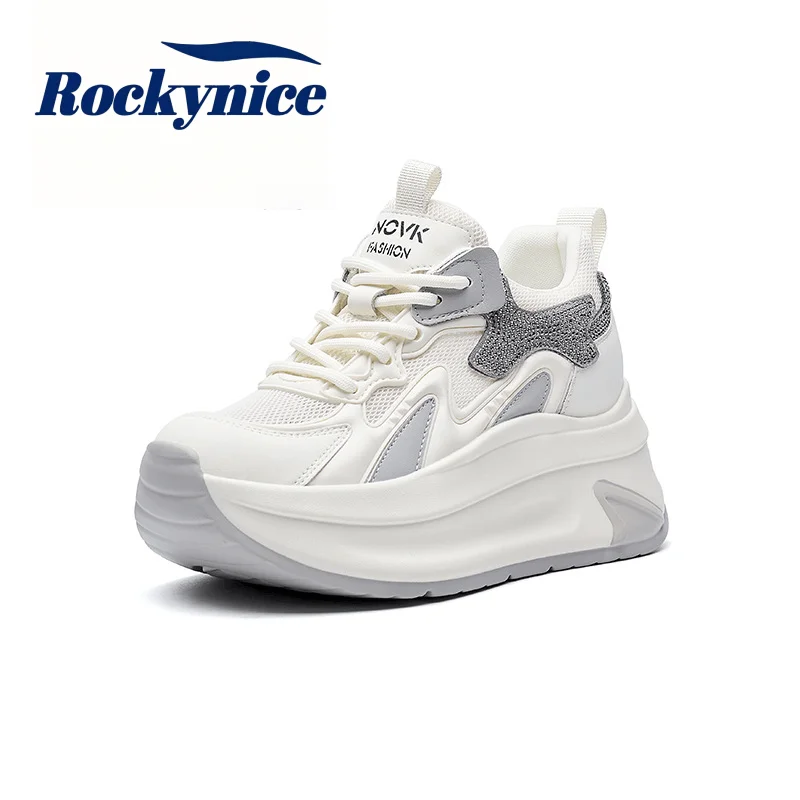 Summer New Style Thick Bottom Casual Dad Shoes 8CM Heels Breathable Mesh Chunky Sneakers Retro Women's Bling Leather White Shoes