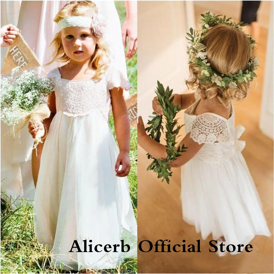 

Bohemia Lace Chiffon A Line Flower Girls Dresses Short Sleeves Wedding Dresses For Kids Cute Long First Vestidos De Novia