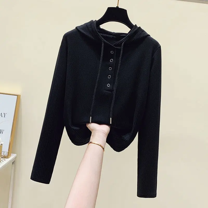 Spring Autumn Fashion Solid Hoodies Long Sleeve T-Shirts Women\'s Clothing Casual All-match Loose Button Simplicity Korean Tops