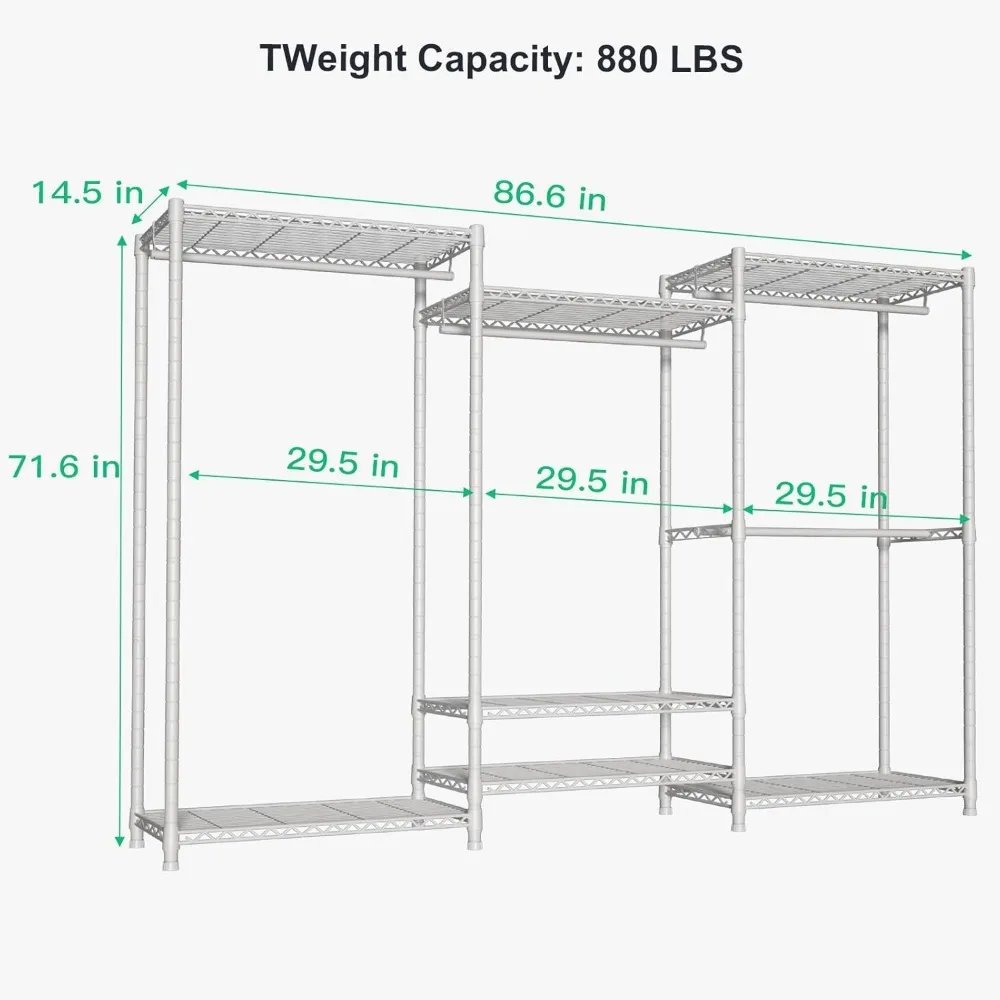 Appendiabiti per carichi pesanti, appendiabiti extra large indipendente con 7 ripiani in filo metallico e 4 aste appendiabiti, organizzatori per armadio e