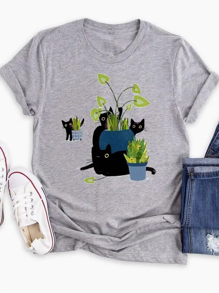 Camiseta con estampado de gato para mujer, ropa con estampado de dibujos animados, playera informal de moda de dibujos animados