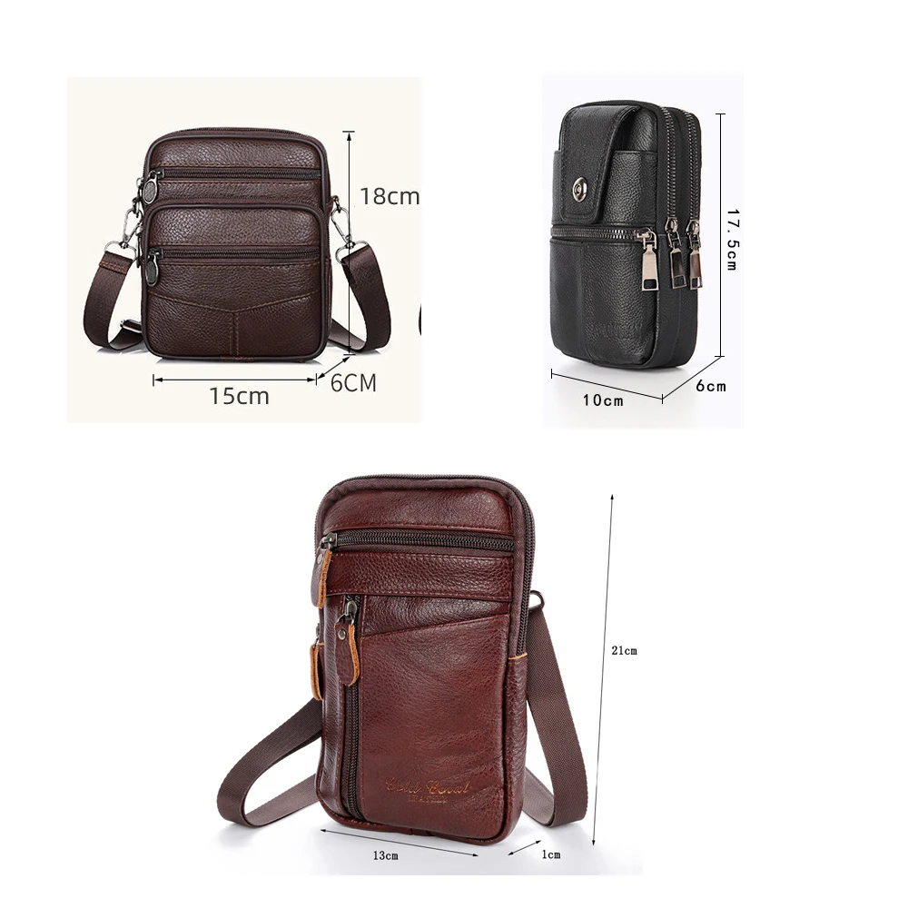 Solid Color Genuine Leather Shoulder Waist Bags Men Fanny Belt Packs Phone Pouch Casual Crossbody Bags