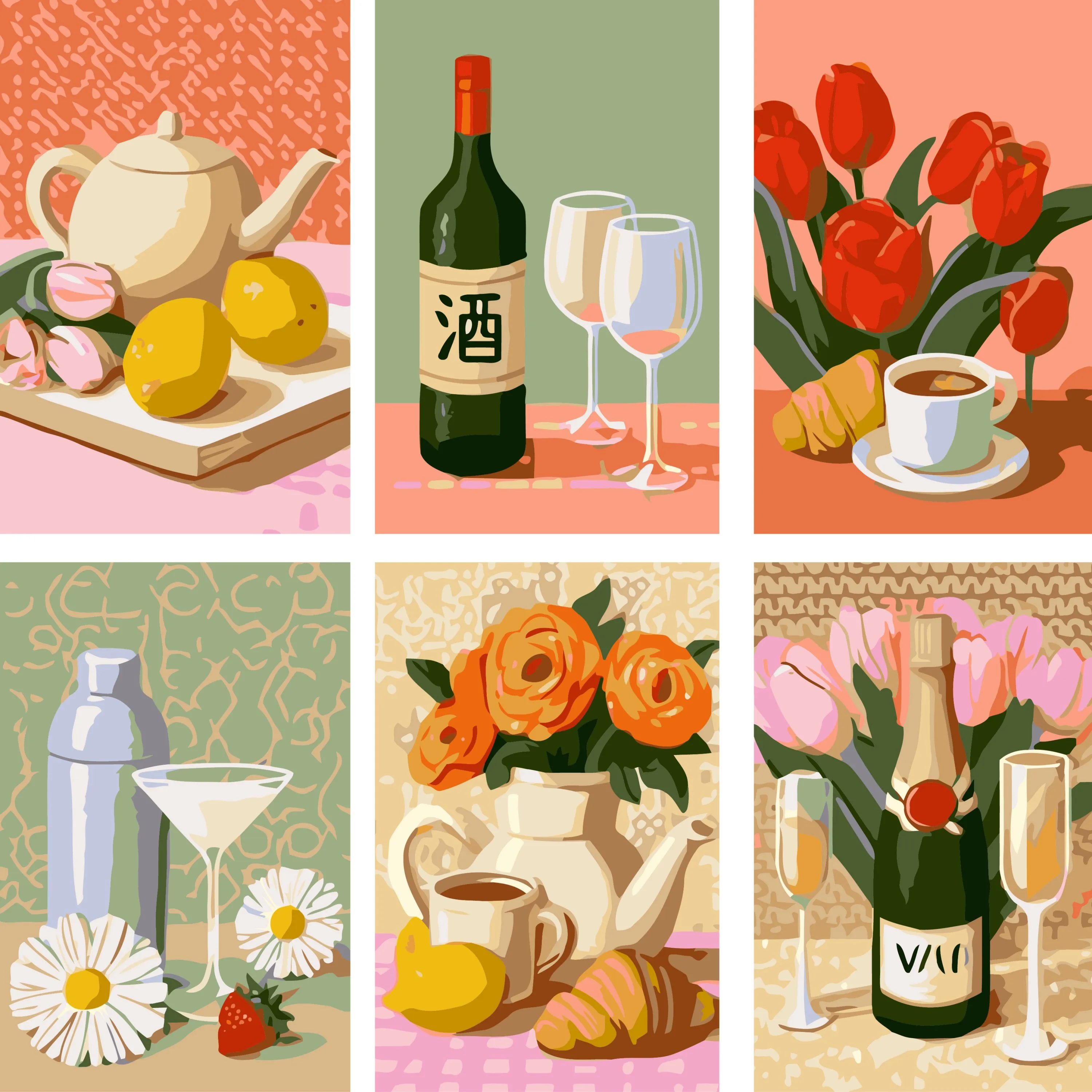 6 DIY-Malbilder mit Motiven von Teesets, Wein, Blumen, Stimmung und Brot, geeignet zur Wanddekoration im Haus. – Detail 2