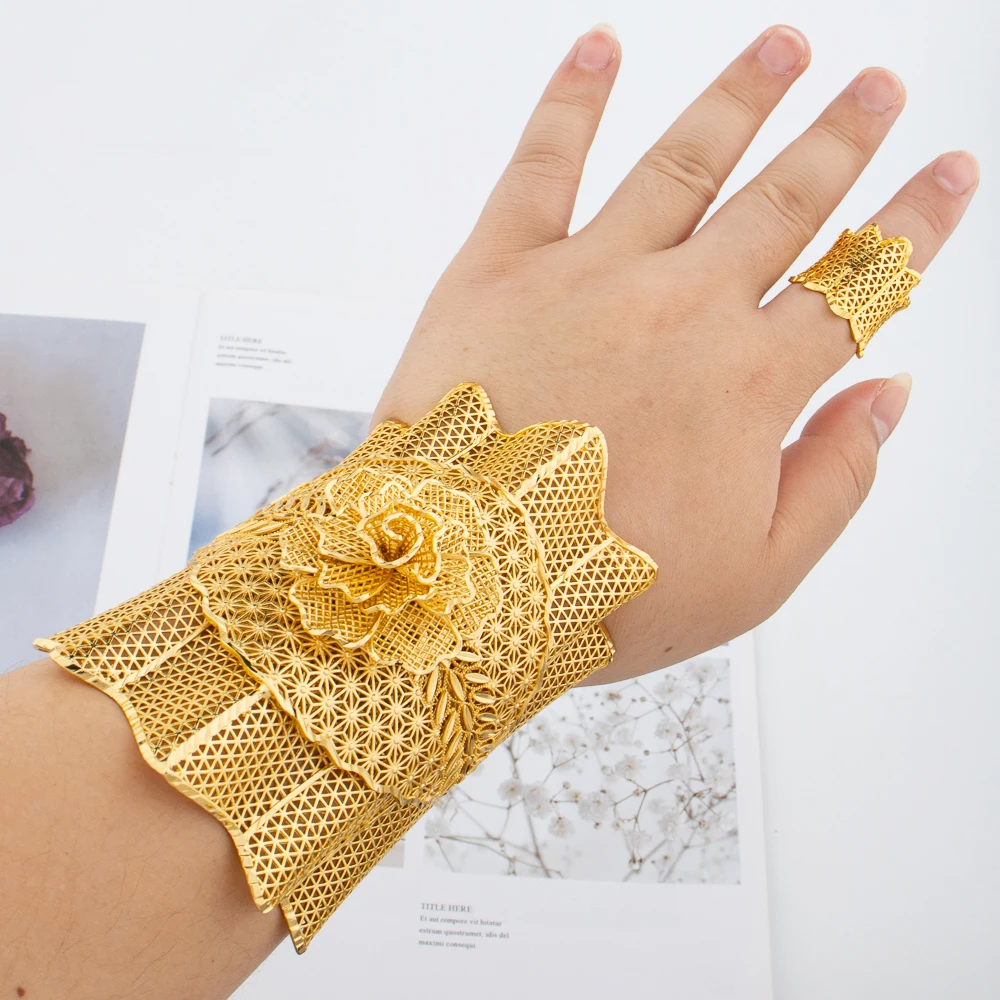 Gold Plated Cuff Bracelet With Ring Female Dubai Gold Color Bangles For Women Luxury Dubai Anniversary Gift Jewelry Accessories