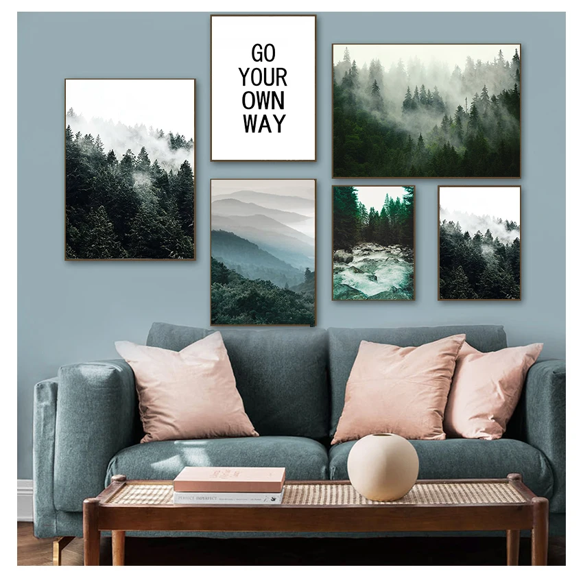Pintura en lienzo, póster de paisaje Natural, cuadros de pared nórdicos para sala de estar, decoración del hogar, carteles de montaña, niebla, bosque