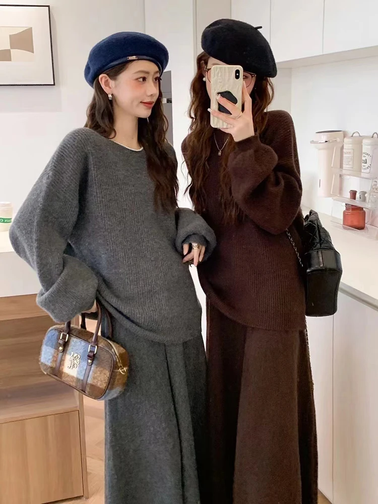 

Korean Women's Autumn Winter Fashion Solid Knitted Pullover Sweater Tops And High Waist Long Skirt Casual Vacation Two Piece Set