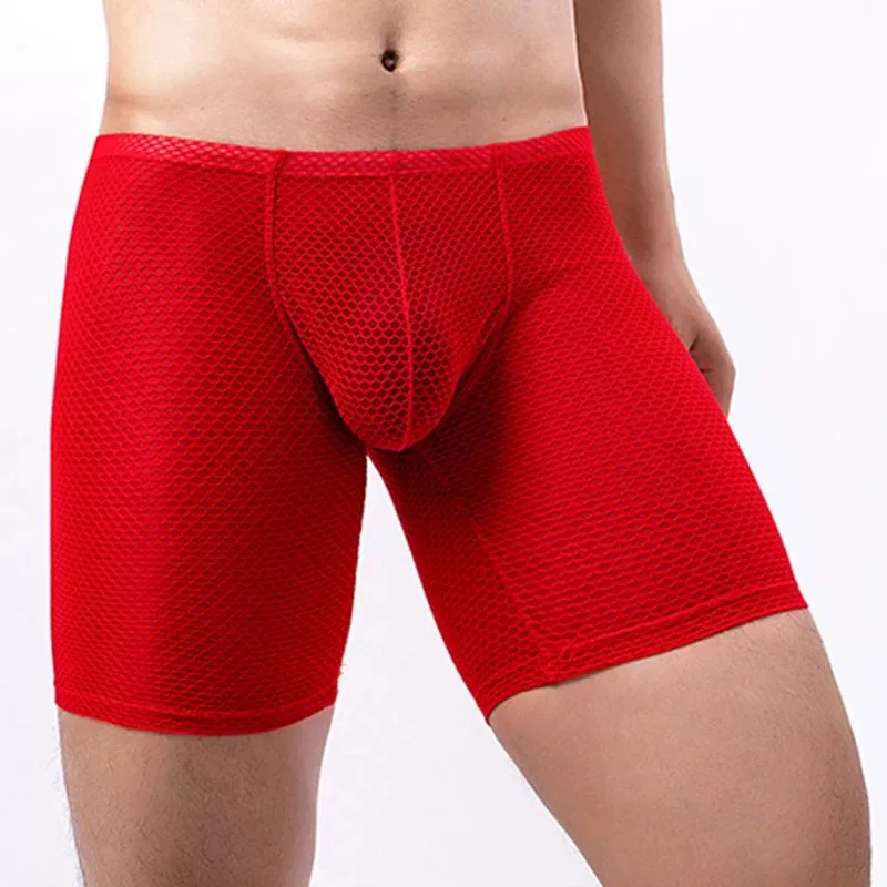 Sexy Boxer Shorts Men Mesh Shorts Long Leg Underpants Male U Convex Pouch Breathable Panties Fitness Lengthen Short Pants Cueca