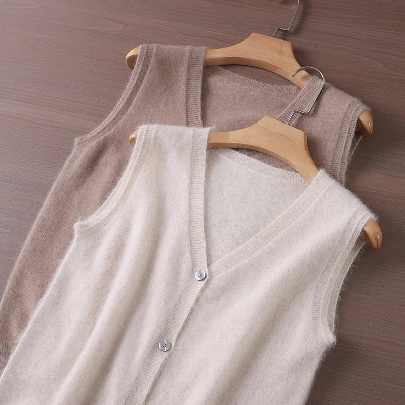 ผู้หญิงใหม่ 100% Mink Cashmereเสื้อกันหนาวVคอเสื้อกั๊กปุ่มเสื้อสเวตเตอร์ถักแขนกุดฤดูใบไม้ร่วงฤดูหนาวWarm Mink Cashmereเสื้อถักเสื้อ