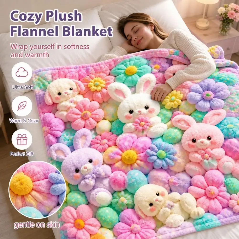 1pc Teddy Bear  Flannel Nap Blanket Floral Egg Pastel Print Flannel Blanket Soft Comfortable Air Conditioning Blanket