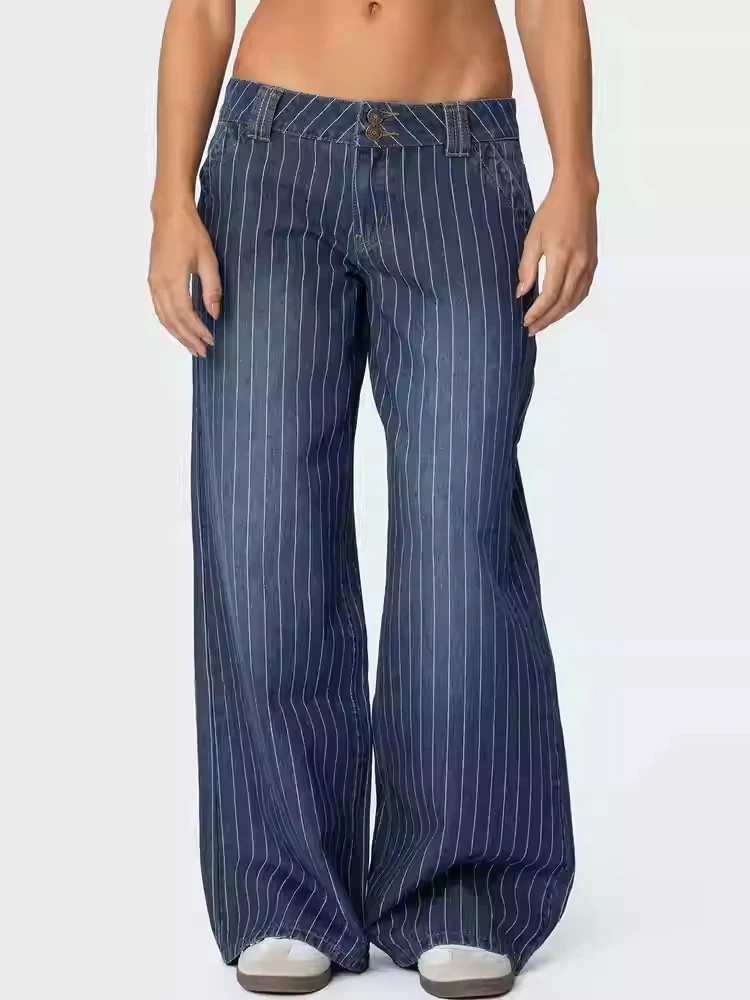 

Women's Jean Striped Old Money Baggy Denim Pants American Retro Low Rise Wide Fit Cowboy Japanese Harajuku Long Trousers Punk