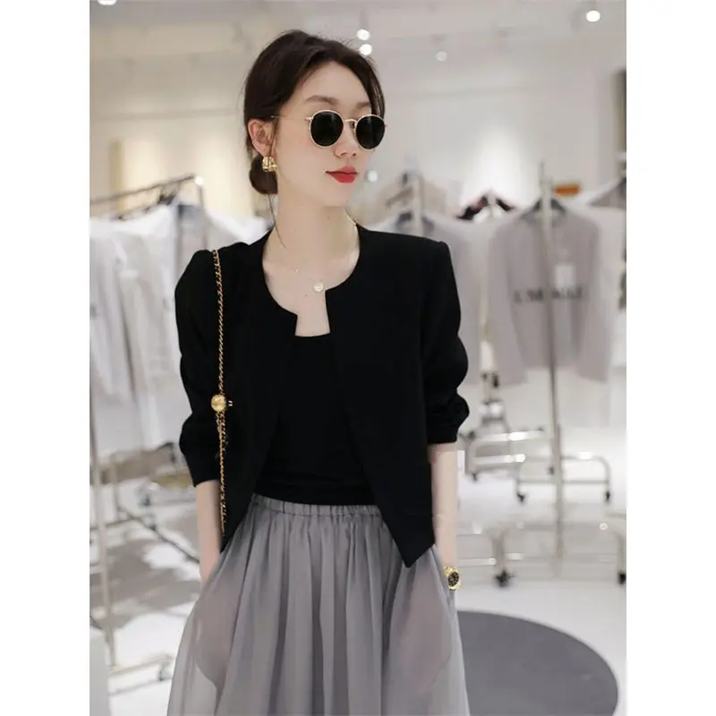 2023Women's Spring Autumn New Fashion Elegant Solid Color Round Neck Simple Commuter Long Sleeve Slim Fit Short Suit Coat