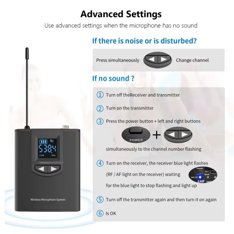3-in-1 dynamisches kabelloses UHF-Mikrofon-Set/Revers/Handheld, 25 UHF-Kanäle, 50 m Reichweite, leicht und tragbar