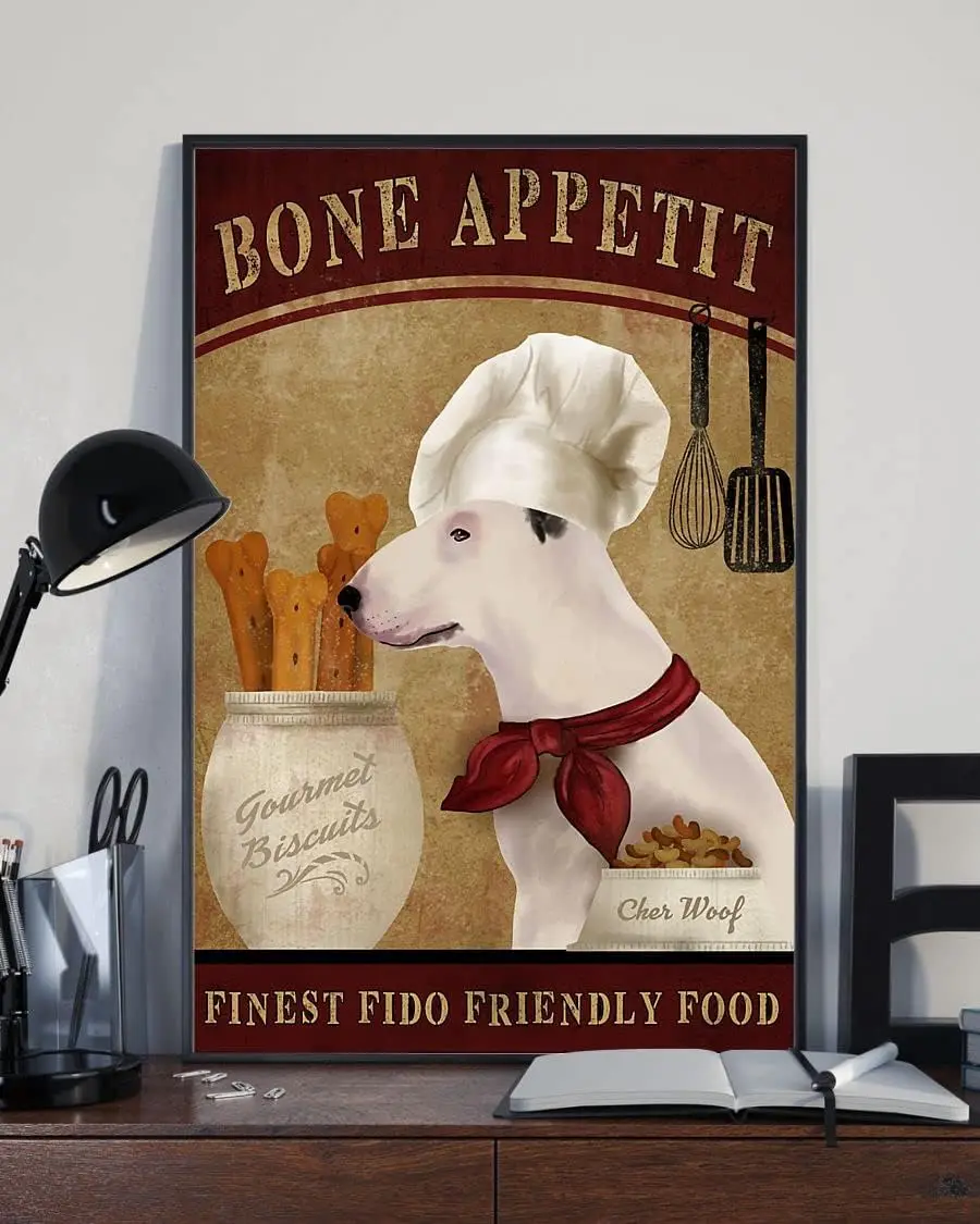 Metalowy blaszany znak Bone Appetit Najlepszy Fido Przyjazny dla żywności Bull Terrier Aluminiowy znak blaszany w stylu vintage Retro dla domu i ogrodu