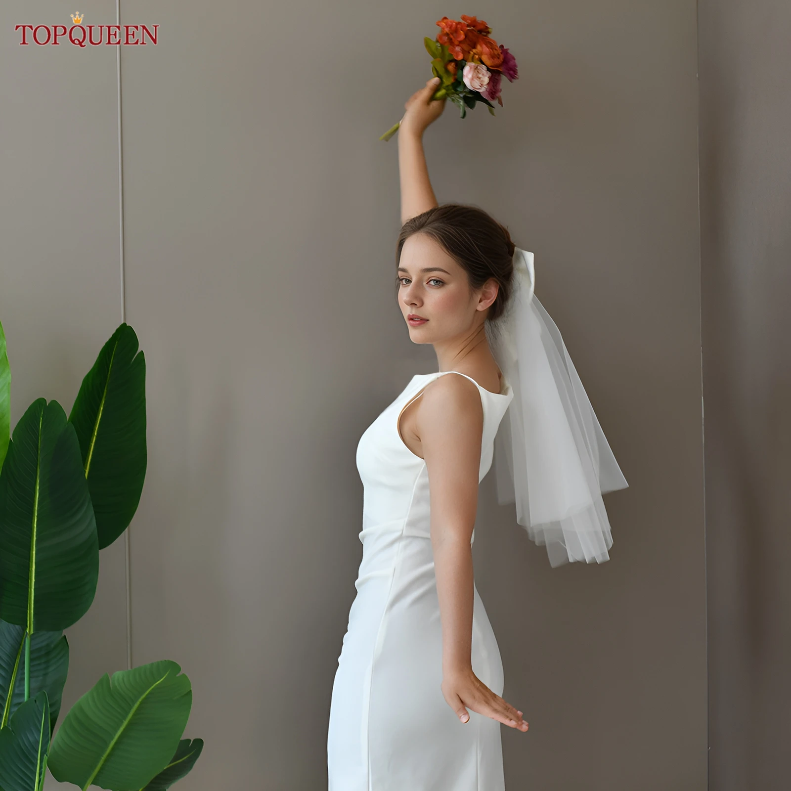 TOPQUEEN Elegant Bridal Veil Double Bow Short Wedding Veil Cute Playful Party Veil White Creamy White Customizable V247