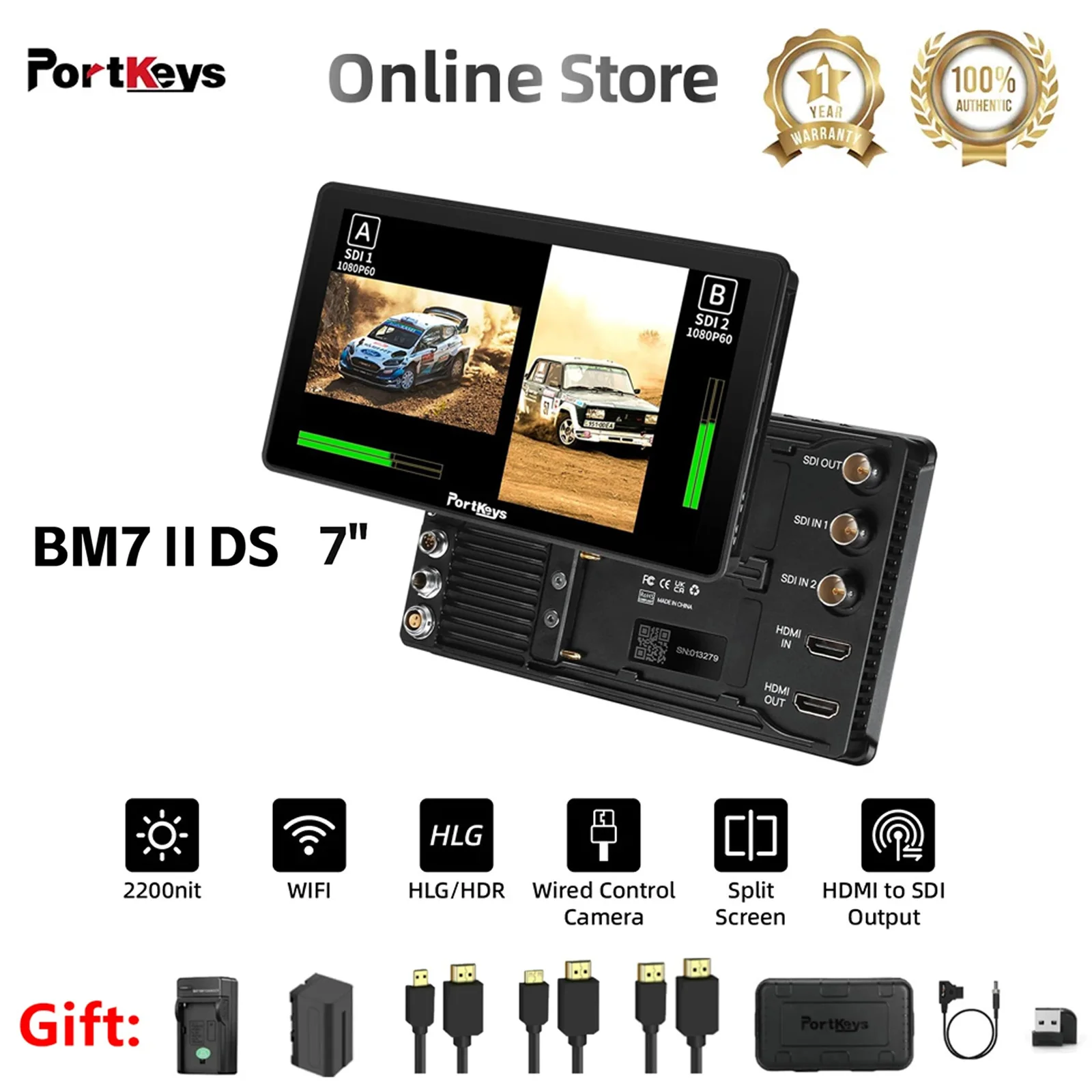 

Portkeys BM7 ⅡDS камера с сенсорным экраном Field Monitor 7 "2200NIT 4K 3D LUT Full HD HDMI, широкий цветовой диапазон беспроводной монитор для камеры