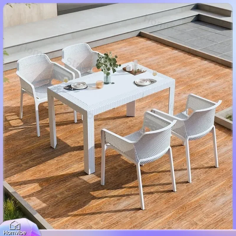 Outdoor Patio Furniture Set Plastic Imitation Rattan Table and Chairs Waterproof Sunproof Garden Terrace Dining Set for