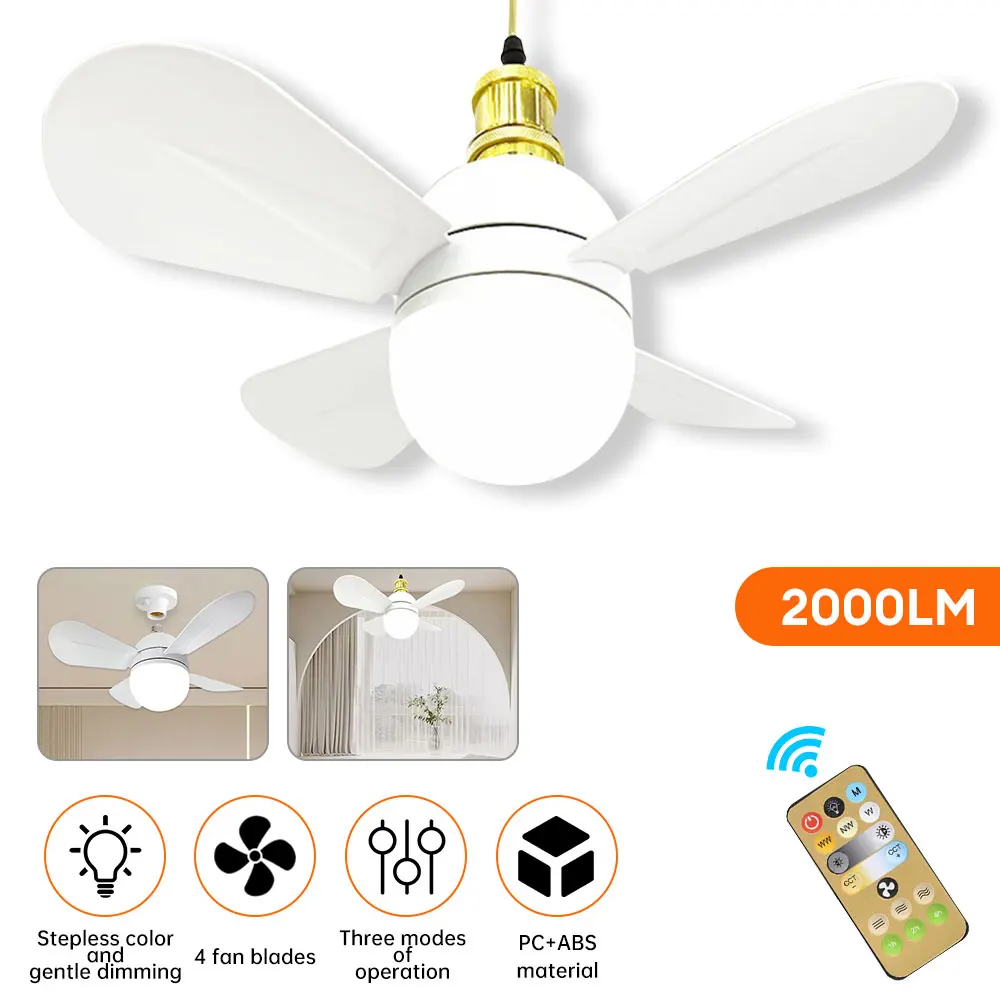 

48W Remote Control LED Ceiling Fan Light E27 Dimmable Ceiling Light Rechargeable Timing Cooling Fan for Dining Room Bedroom