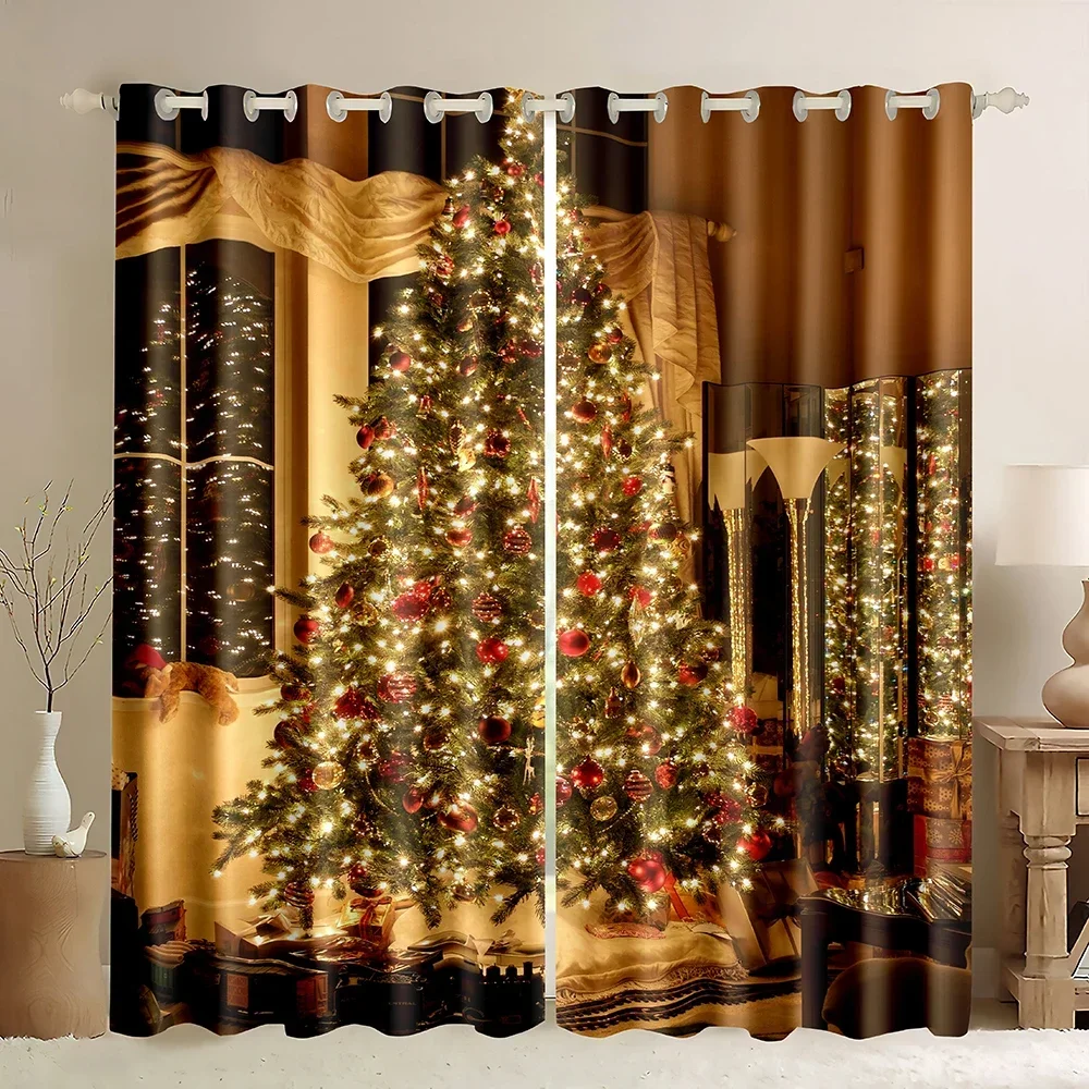 Christmas Blackout Curtains Pine Tree Xmas Night Thermal Insulated Window Treatment Rod Pocket Room Darkening Window Panels