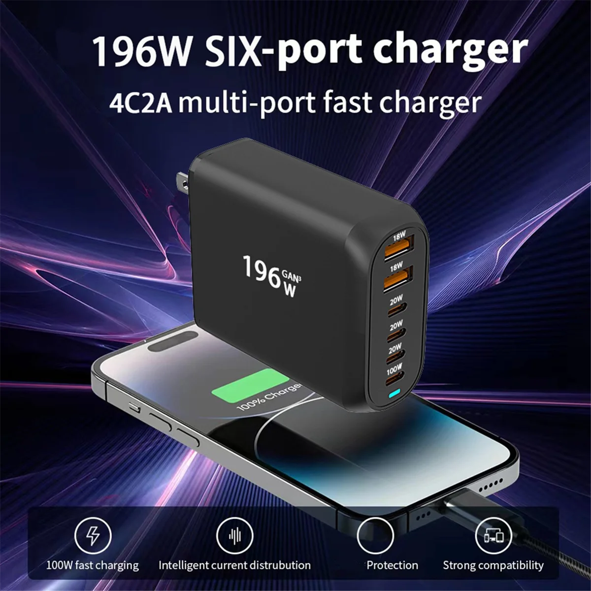 

196W USB C GaN Charger PD 100W Fast Charging Power Adapter 6 Ports for MacBook iPad Pro iPhone Galaxy Huawei EU-Plug jasmine