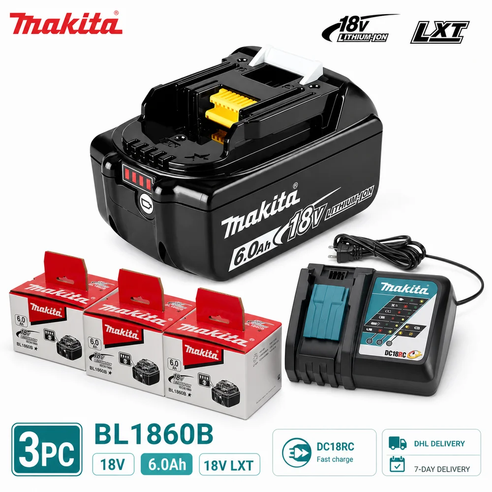 6,0 Ah Original Makita BL1860B Li-Ion-Akku für 18V LXT Slide-On-Interface, kompatibel mit BDF453SHE BDF454Z BHP452 BGA452, BL1815 BL1815N BL1820 BL1830B BL1850B BL1860, ohne Verpackung oder in