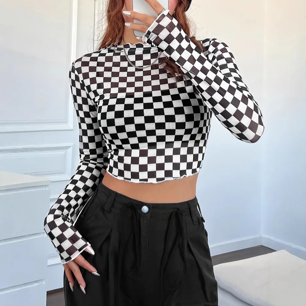 2025 Spring Womens Mesh Checkerboard Shirt Long Sleeve Slim Fit Half High Collar Pullover Casual Basic Breathable Blouse