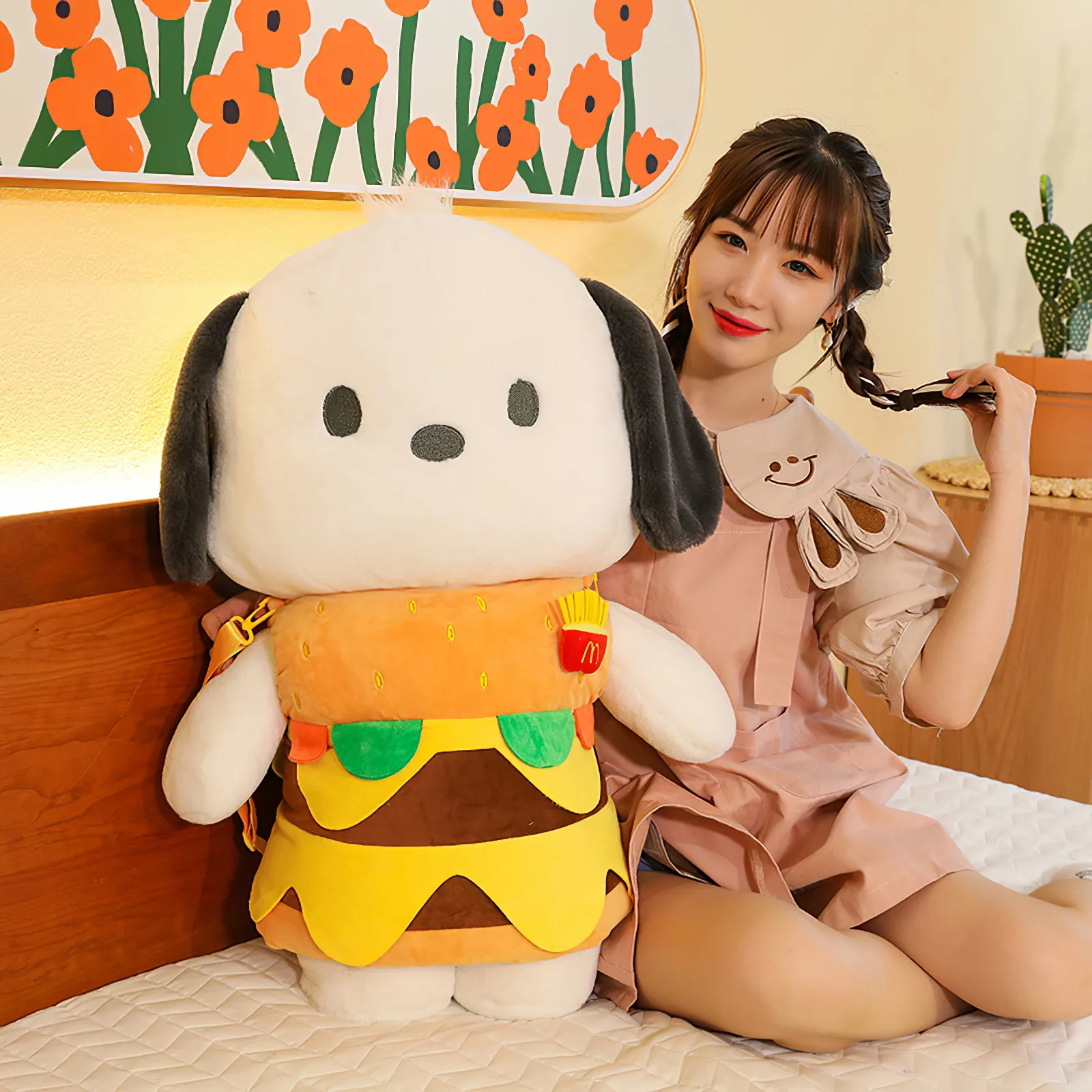 Cartoon Sanrio Pochacco Cute Plush Toy Kawaii Removable Burger Big Ear Dog Soft Stuffed Doll Girls Sleeping Pillow Birthday Gift