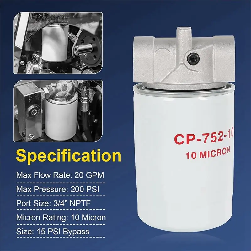 A27F-CP-752-10 Hydraulic Oil Filter Assembly, Spin-On Design 10-Micron 20 GPM 200 PSI 3/4