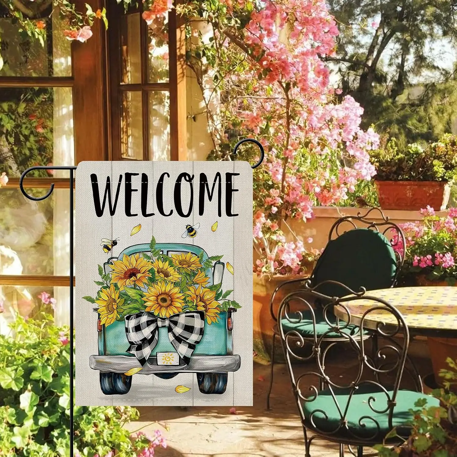 Dyrenson Welcome Spring Summer Blue Truck Sunflower Decorative Garden Flag | Fall Flower Bumble Bee Farmhouse Yard Outside H uui