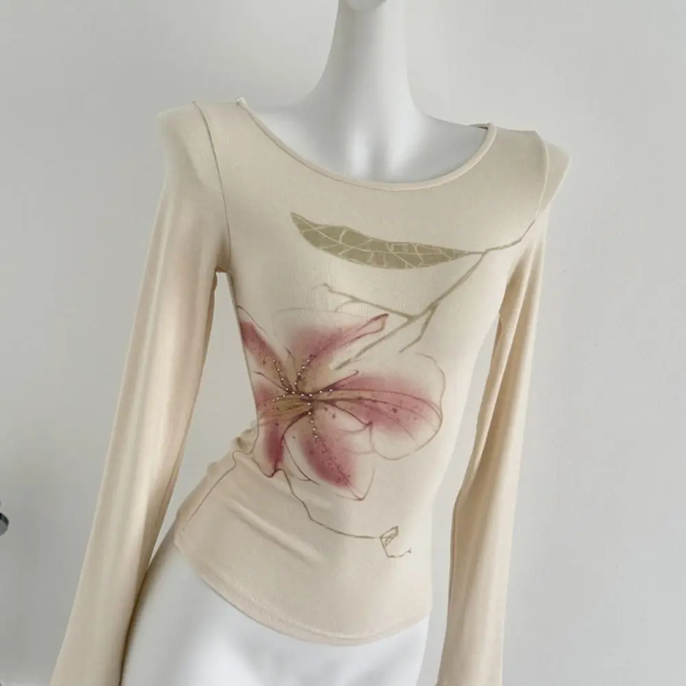 Fashion Rhinestone Floral Long Sleeve T-shirt Sweet Chic Slim Fit Top Korean Style Ladies Clothing Y2k Crop Tops Streetwear